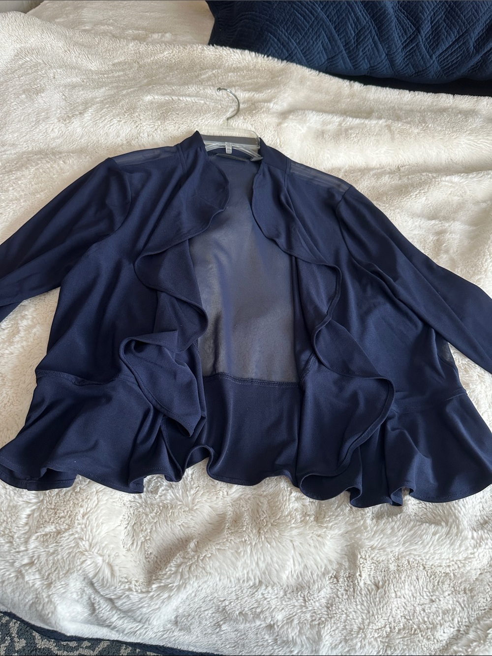 Nina Leonard Navy Ruffle-Trim Open Front Jacket